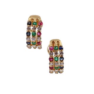 Multicolor Gemstones & Diamonds 18k Gold Hoops Earrings