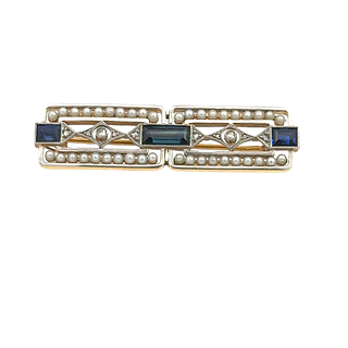 Art Deco 18k Gold Brooch with Diamonds, Pearls & Sapphires