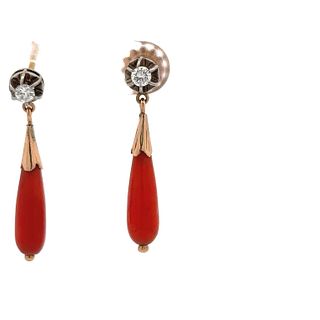 Coral & Diamonds 18k Gold Drop Earrings