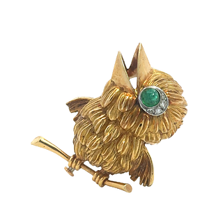 French 18k Gold Bird Brooch with Diamonds & Emeralds