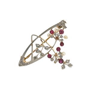 Rubies, Diamonds & Pearls 18k Gold Pendant / Brooch