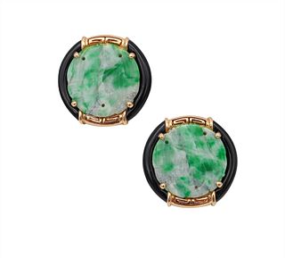 Earrings In 14K Gold With 13.94 Cts Of Carved Jadeite & Onyx