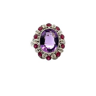 Cocktail Ring in 14k Gold with Amethyst, Diamonds & Rubies.
