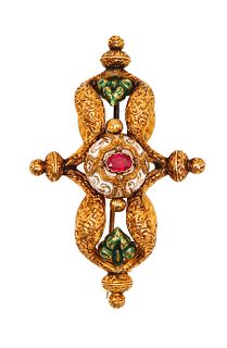 French 1850 Etruscan Revival Enamel Brooch In 18K Gold With Ruby