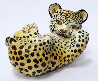 Italian Majolica Painted Ceramic Baby Leopard