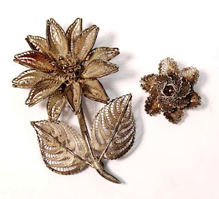 2 Silver Filigree Flower Brooches