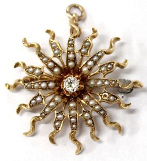 14K Gold, Diamond, & Pearl Sunburst Brooch-Pendant