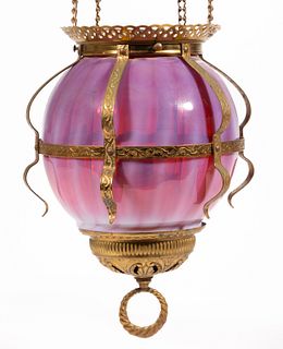 VICTORIAN OPALESCENT STRIPE KEROSENE HALL LAMP