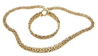 Two Piece 14 Karat Yellow Gold Bracelet and Necklace of Woven Links
