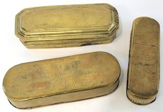 3 Antique Dutch Engraved Brass Tobacco Boxes