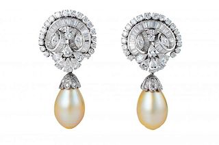 A Pair of Platinum, Diamond and Pearl Drop Night and Day Earrings