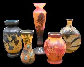 Five Galle Style Cameo Glass Vases