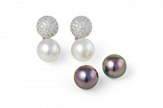 A Pair of Cellini Platinum, Gold, Pearl and Diamond Earclips
