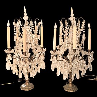 A Pair of Brass and Crystal Candelabra Lamps