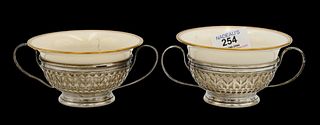 Set of 12 Sterling Silver and Porcelain Soup Bowls by Lenox