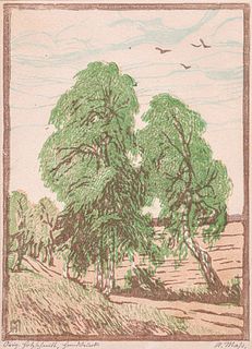 Helene Mass Color Woodcut "Trees in a Field" c1920