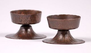 Small Arts & Crafts Hammered Copper Candlesticks c1910