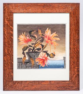 Hugo Noske Color Woodcut Flowering Potted Cactus at Lakeside c1920s/30s