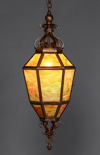 Large Hammered Copper & Slag Glass Hanging Light c1920s