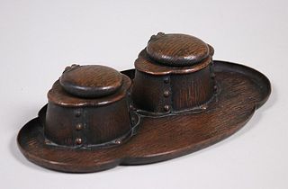 Arts & Crafts Hammered Copper Double Inkwell â€“ Pentray c1910