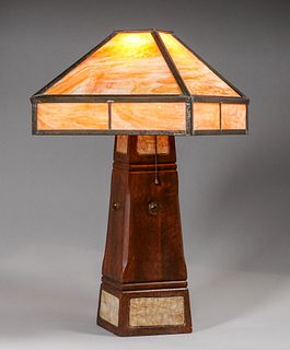Arts & Crafts Oak, Brass & Slag Glass Lamp c1910s
