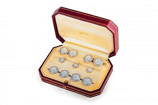 A Tiffany & Co. Platinum, Gold, Mother of Pearl and Pearl Cufflink and Stud Set Circa 1905