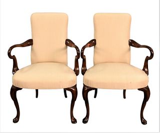 A Pair of George I Style Upholstered Mahogany Armchairs