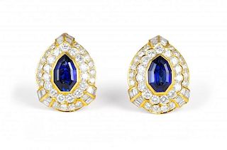 A Pair of David Webb Gold, Diamond and Sapphire Earclips