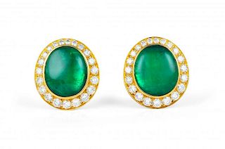 A Pair of David Webb Gold, Diamond and Emerald Earclips