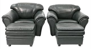 A Pair of Oversized Leather Club Chairs and Ottomans