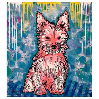 Jozza, "Pink Yorkie" Unique Mixed Media on Canvas, Hand Signed with Letter of Authenticity.