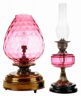 Two British Cranberry Glass Lamps