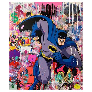 Jozza, "Batman on the Run" Unique Mixed Media on Canvas, Hand Signed with Letter of Authenticity.