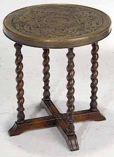 Decorated Brass-Top Oak Side Table