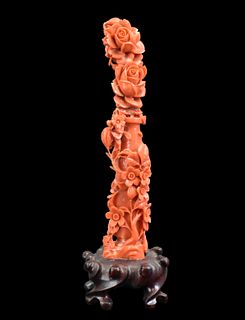 Chinese Red Coral Carved Flower Vase on Stand