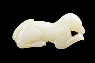 Chinese White Jade Carved Dog Figure, Qing Dynasty