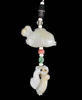 Chinese Jade Carved Fish& Toggle w/ Beads,Qing D.