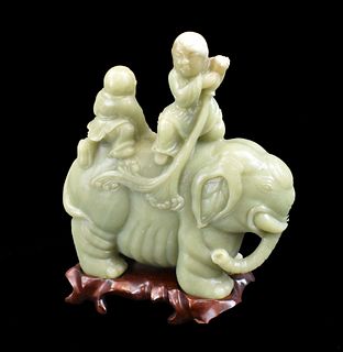 Large Chinese Celadon Jade Carved Boy On Elephant