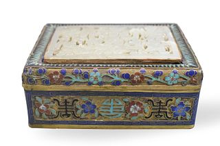 Chinese Cloisonne Box wJade Plaque Inlaid, Qing D.