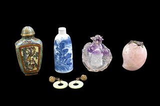 4 Chinese Snuff Bottle & 2 Jadeite Earring,Qing D.