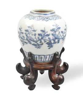 Chinese Blue & White Floral Jar & Stand, Ming D.