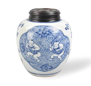 Chinese Blue & White Jar w/ Boys,18th C.