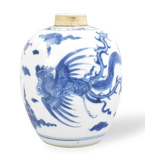 Chinese Blue & White Phoenix Jar, Kangxi Period