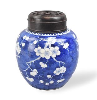 Chinese Blue & White Prunus Jar& Wood Cover,19th C