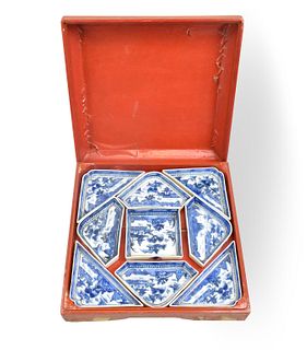 Set of Chinese B & W Dishes & Covered Box, 19th C