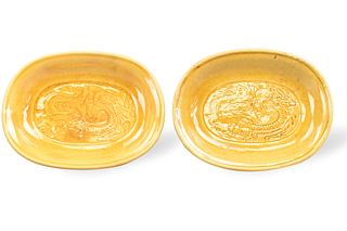 Pair Chinese Yellow Glazed Oval Dish w/Dragon,ROC
