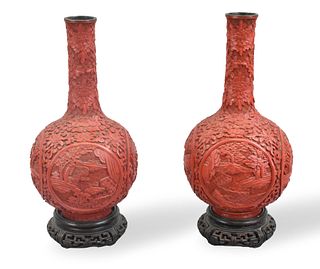 Pair of Chinese Cinnabar Vases on Stands,19th C.
