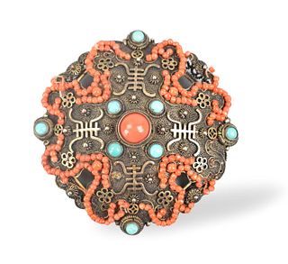 Chinese Filigree Silver w/Coral & Turquoise Inlaid