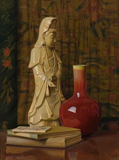 Mark A. Pollack (Am./Cuban 1874-1946), Still Life with Red Vase, 1946, Oil on canvas, framed