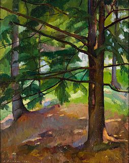 Luigi Lucioni (It. 1900-1988), Pines and Birches, 1936, Oil on board, framed